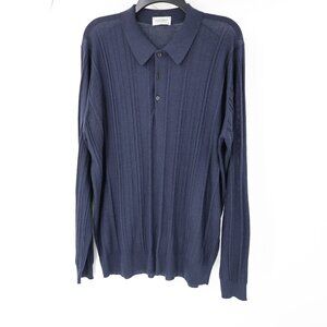 John Smedley Polo Sweater Mens 2XL Merino Wool Blue Made in England Collared